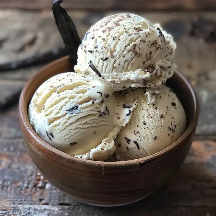 Creamy homemade vanilla bean ice cream served in a bowl with vanilla beans