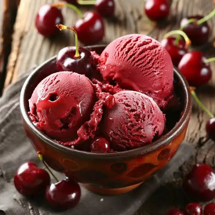 Bowl of homemade very cherry ice cream with fresh cherries on top