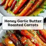 Honey garlic butter roasted carrots on a white plate, garnished with herbs