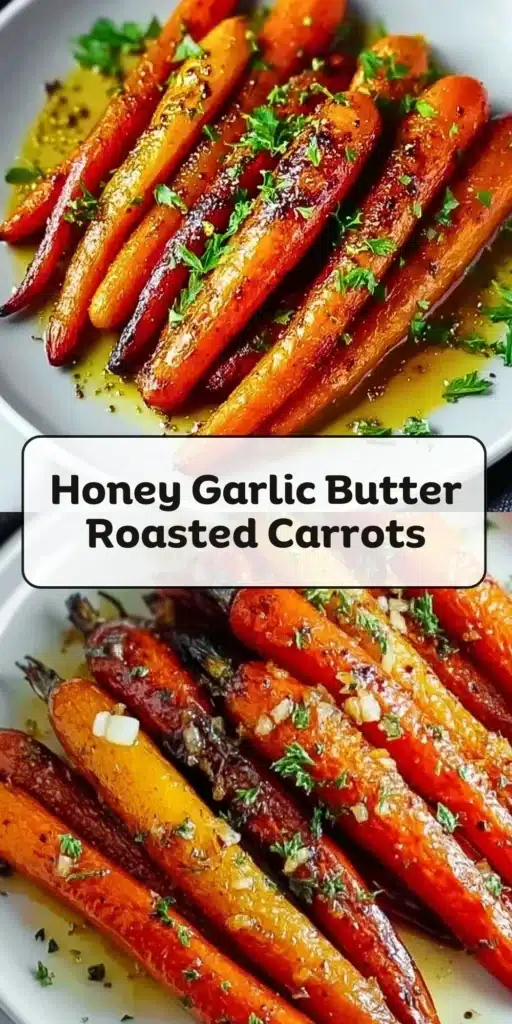 Honey garlic butter roasted carrots on a white plate, garnished with herbs