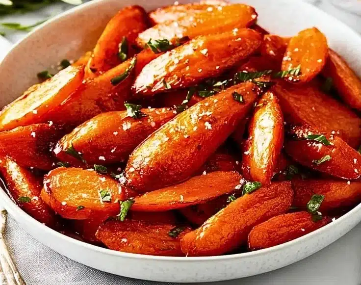 Delicious honey roasted carrots with a caramelized glaze served on a plate.