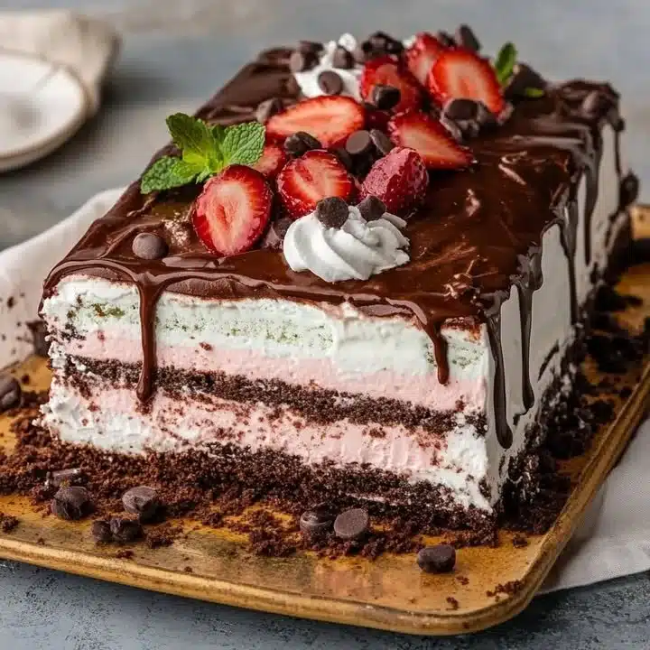 Delicious Ice Cream Sandwich Cake topped with chocolate and sprinkles