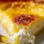 Slice of Impossible Lemon Pie with crust and lemon filling, garnished with lemon slices.