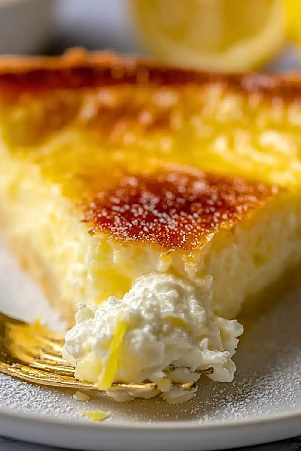 Slice of Impossible Lemon Pie with crust and lemon filling, garnished with lemon slices.