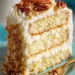 Homemade Italian Cream Cake with cream cheese frosting, coconut, and pecans
