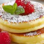 Fluffy jiggly Japanese pancakes served on a plate with syrup and berries