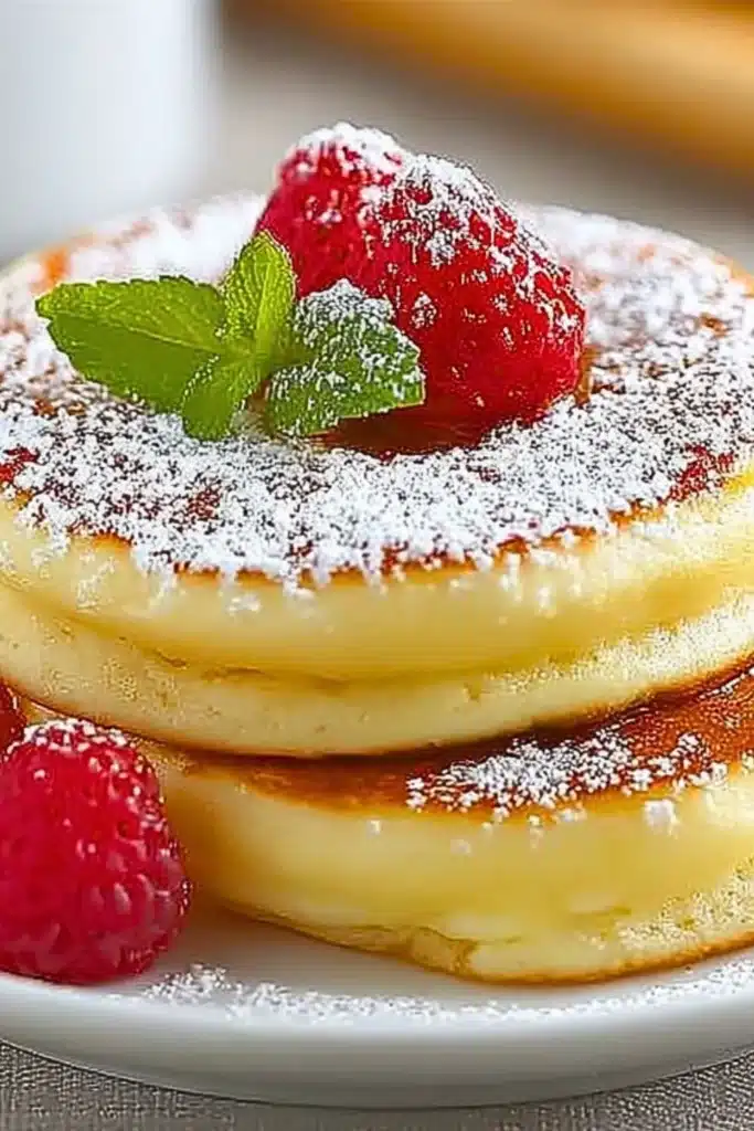 Fluffy jiggly Japanese pancakes served on a plate with syrup and berries
