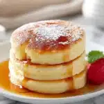 Fluffy jiggly Japanese pancakes stacked on a plate with syrup and berries