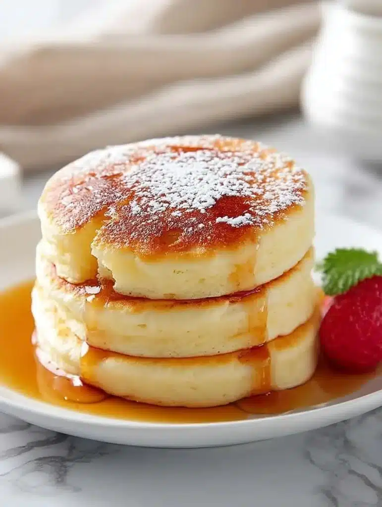 Fluffy jiggly Japanese pancakes stacked on a plate with syrup and berries