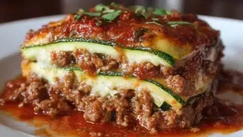 Keto-friendly zucchini lasagna dish with layers of zucchini and cheese