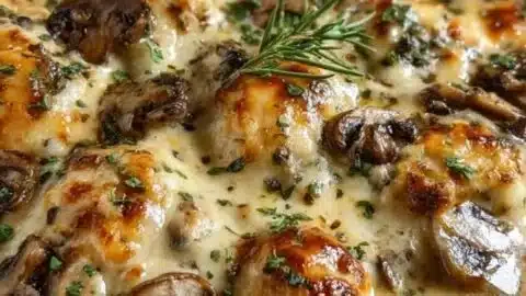 Keto garlic mushroom chicken casserole served in a baking dish