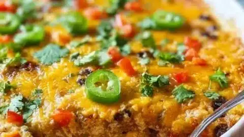 Keto Mexican Chicken Casserole topped with cheese and fresh herbs in a baking dish