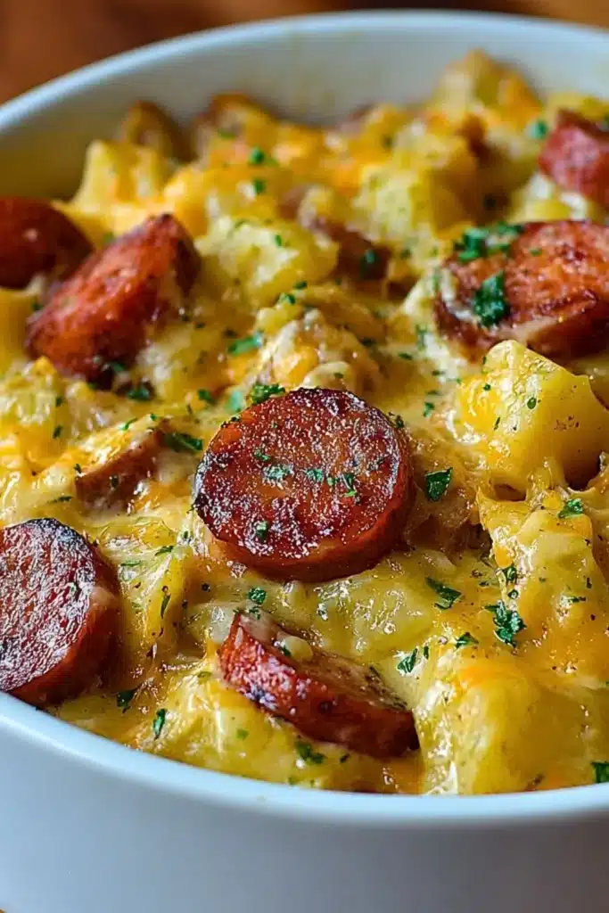 Kielbasa sausage cheesy potato casserole served in a baking dish