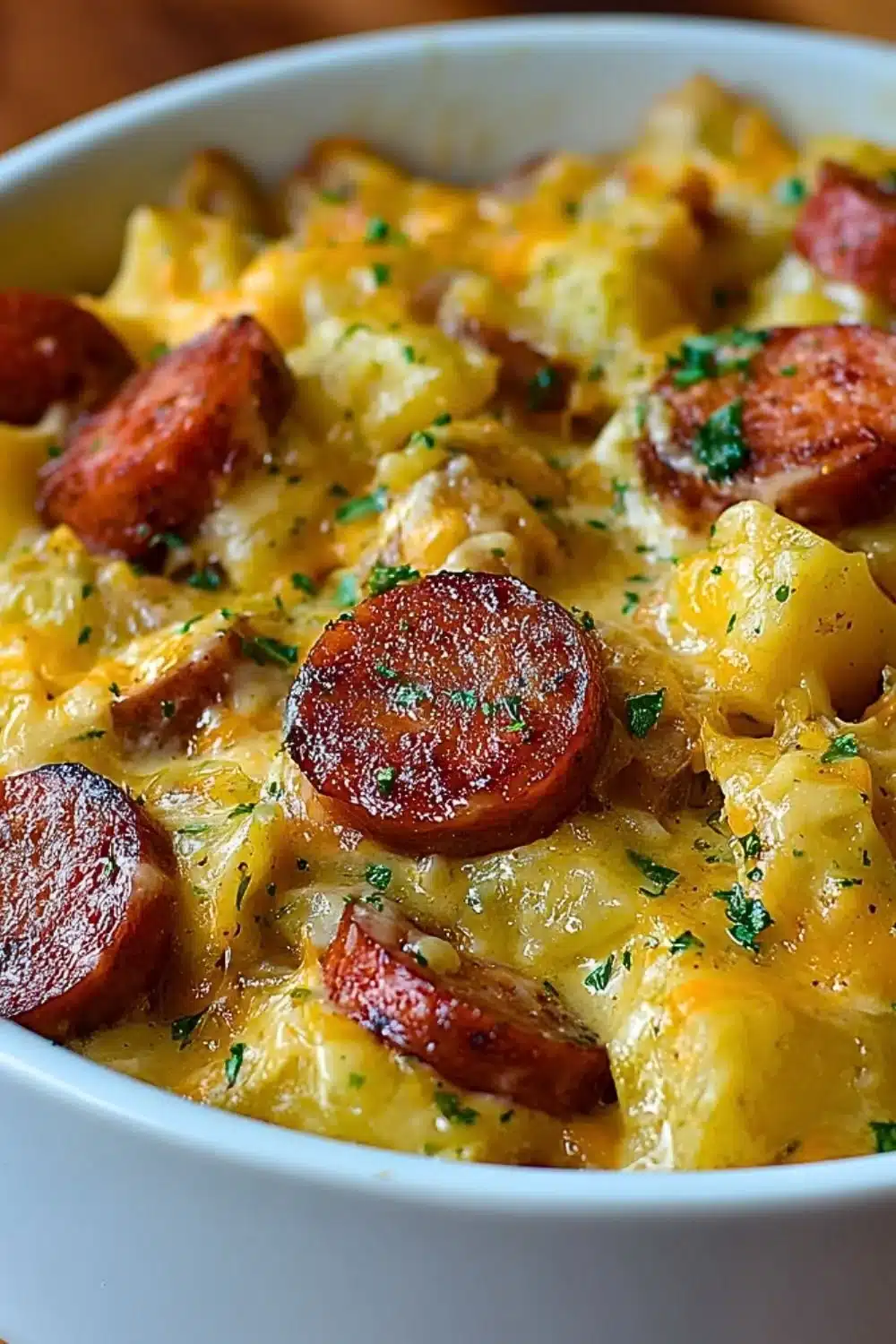 Kielbasa sausage cheesy potato casserole served in a baking dish