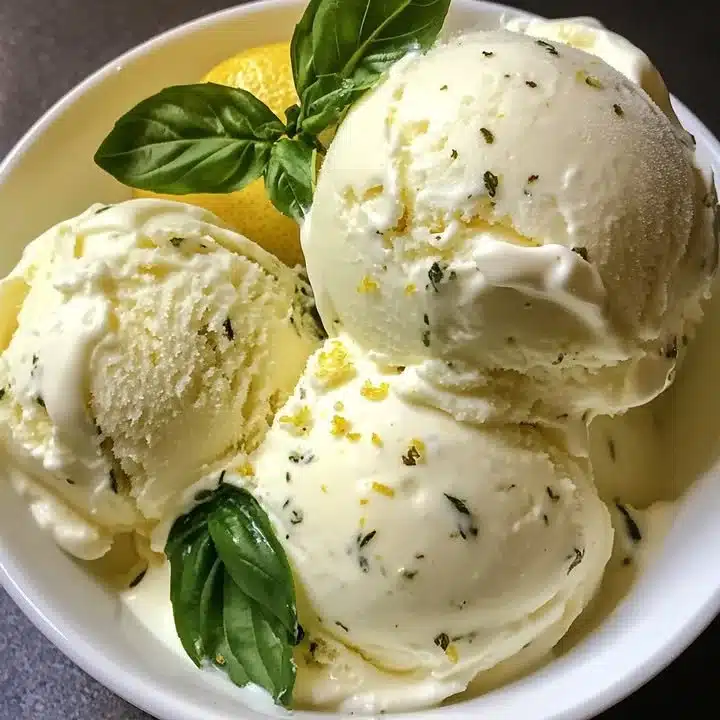 Homemade Lemon Basil Ice Cream served in a bowl, showcasing its creamy texture and vibrant color.