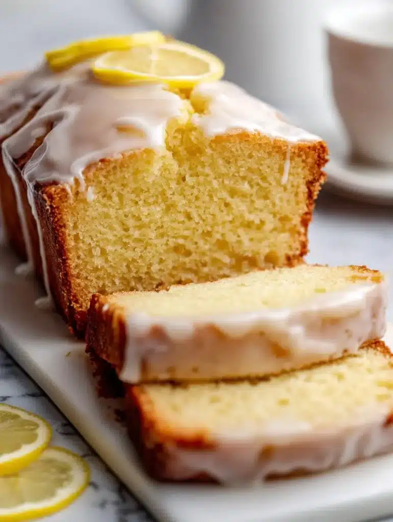 Delicious slice of lemon loaf bread on a wooden table with lemon slices