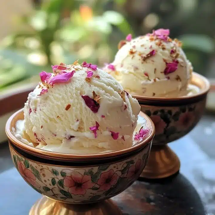 Delicious bowl of lychee rose ice cream garnished with fresh lychee and rose petals
