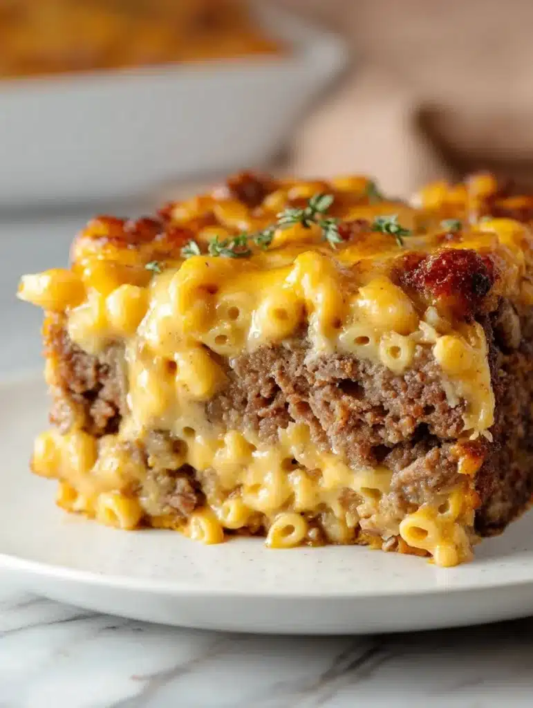 Delicious Mac and Cheese Meatloaf served on a plate, garnished with herbs.