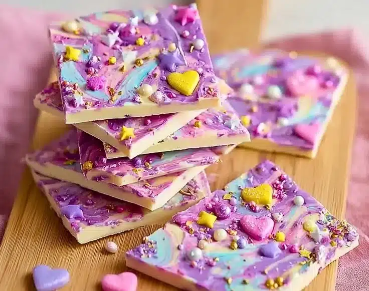 Colorful yogurt unicorn bark decorated with sprinkles and fruit pieces