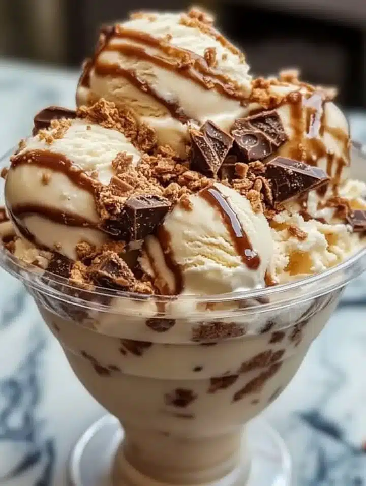 Delicious Malted Milk Toffee Crunch Ice Cream with toffee bits and malt flavor