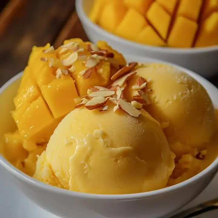 Delicious Mango Almond Ice Cream served in a bowl with almonds and mango slices