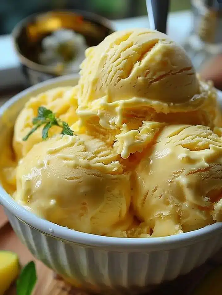 Delicious homemade mango ice cream in a bowl topped with fresh mango slices