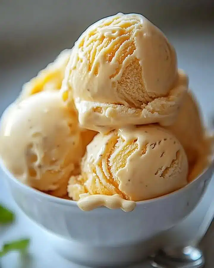 Delicious scoop of mango ice cream in a waffle cone with a tropical backdrop