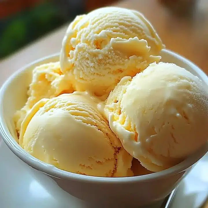 Bowl of creamy mango ice cream with fresh mango slices on top