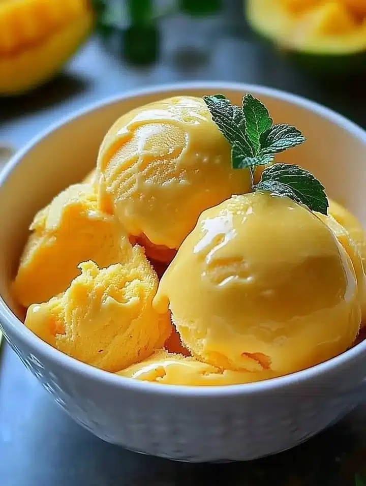 Delicious bowl of homemade Mango Ice Cream with fresh mango slices