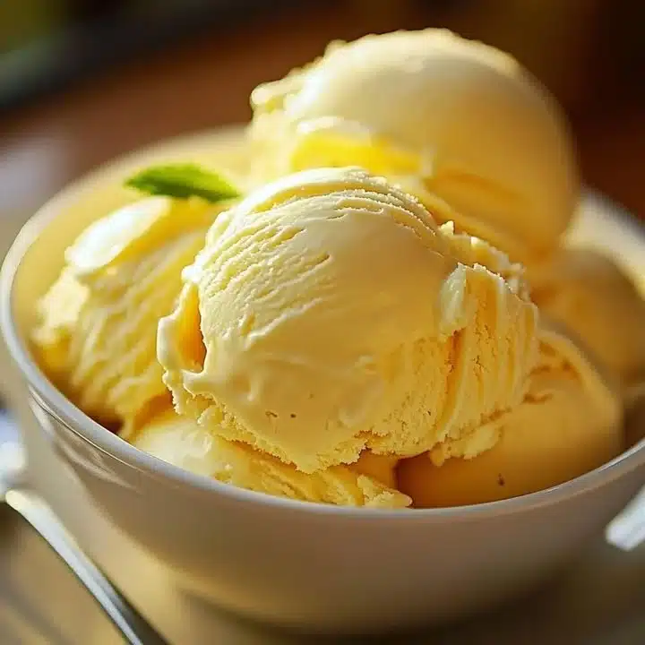 Delicious creamy mango ice cream with fresh mango slices.