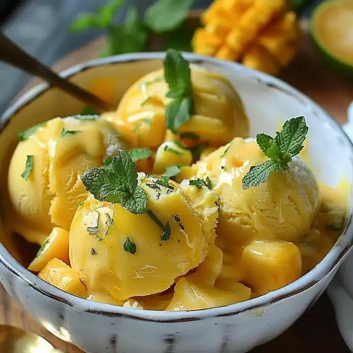 Delicious homemade mango ice cream served in a bowl with fresh mango slices