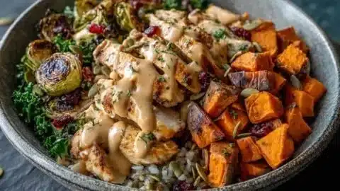 Maple Dijon Chicken with roasted sweet potatoes in a bowl