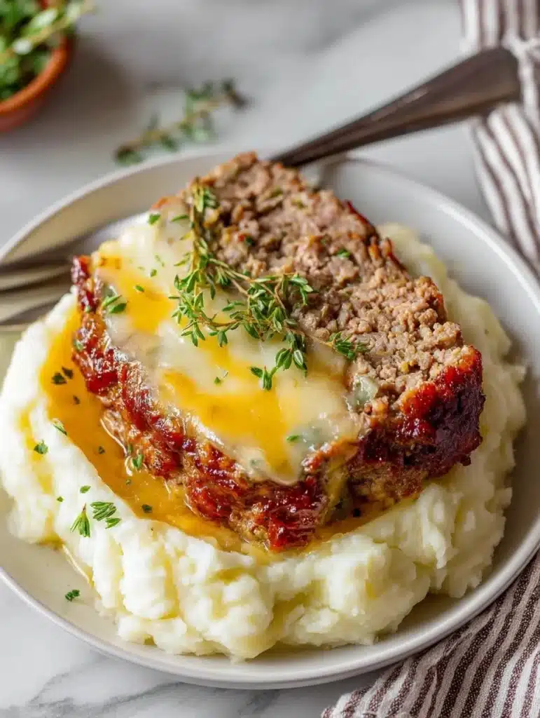 Meatloaf served with mashed potatoes and melted cheese on a plate