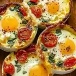 Mediterranean baked feta eggs dish with feta cheese and eggs served in a skillet.