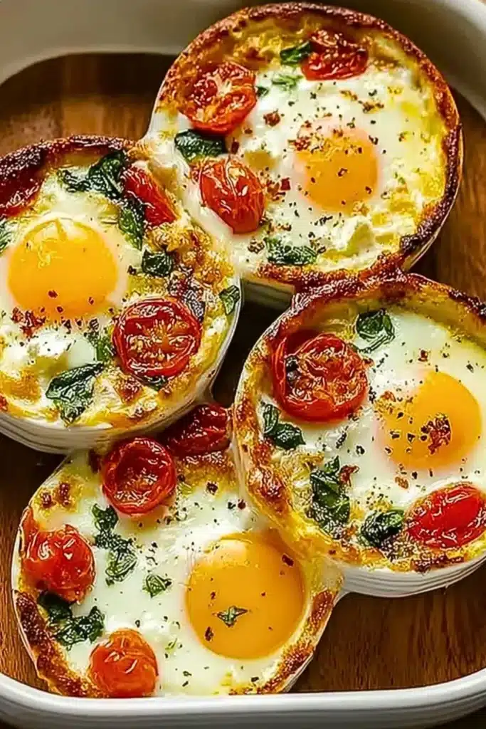 Mediterranean baked feta eggs dish with feta cheese and eggs served in a skillet.