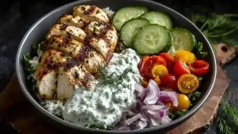 Mediterranean Chicken Tzatziki Bowls with fresh vegetables and sauces