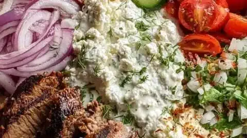 Delicious Mediterranean gyro bowls with fresh veggies and savory meat