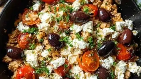 Mediterranean Keto Skillet with ground chicken, olives, and feta cheese
