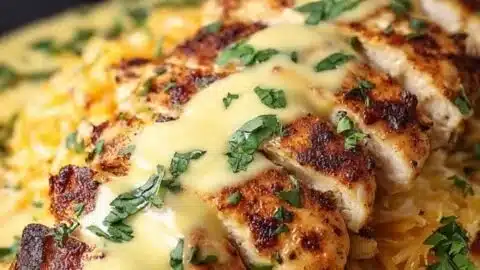 Plate of Mexican chicken drizzled with cheese sauce