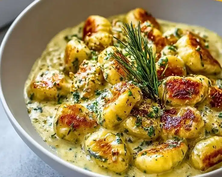 Plate of Millionaire Gnocchi topped with creamy sauce and herbs