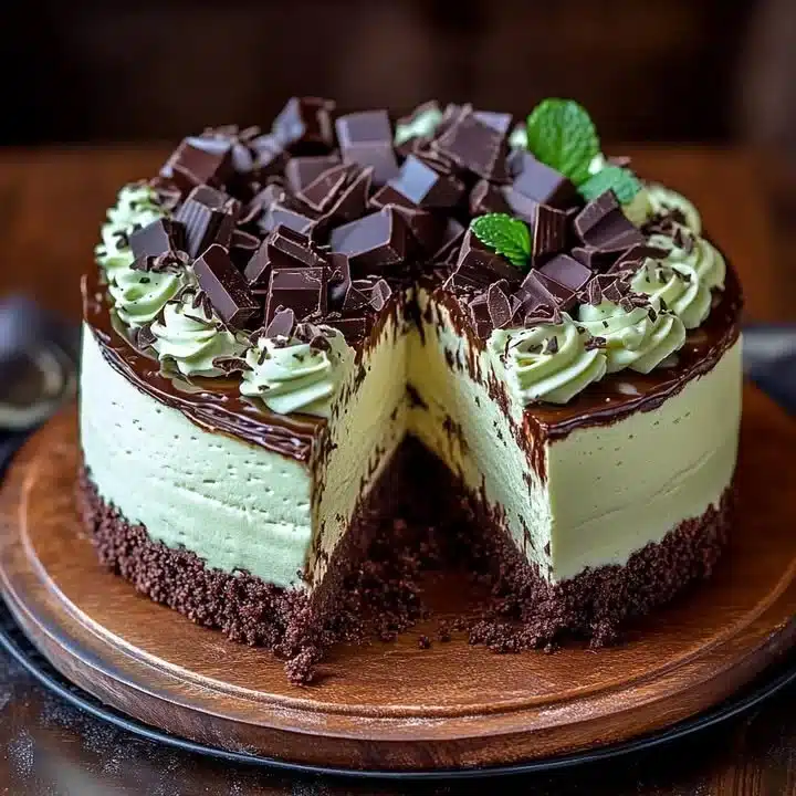Delicious Mint Chocolate Cheesecake with fudge topping and mint leaves