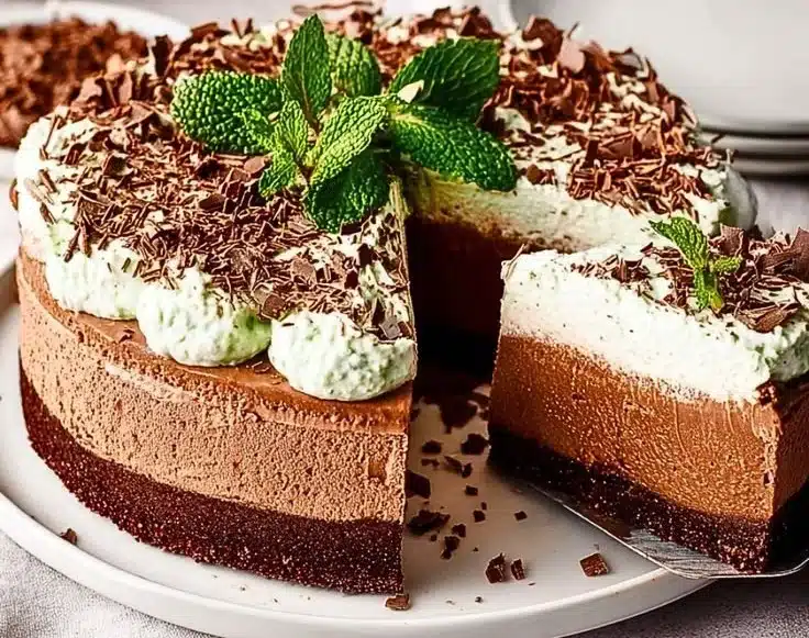 Slice of Mint Chocolate Mousse Cake with mint leaves and chocolate shavings