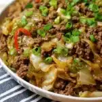 Plate of Mongolian Ground Beef and Cabbage served with rice
