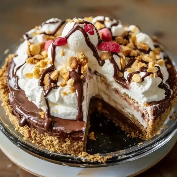 Neapolitan Ice Cream Pie with Rice Krispies Crust served on a plate