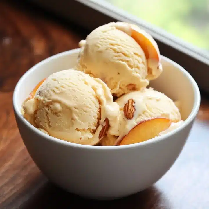 Delicious bowl of homemade nectarine almond ice cream topped with almond slices.