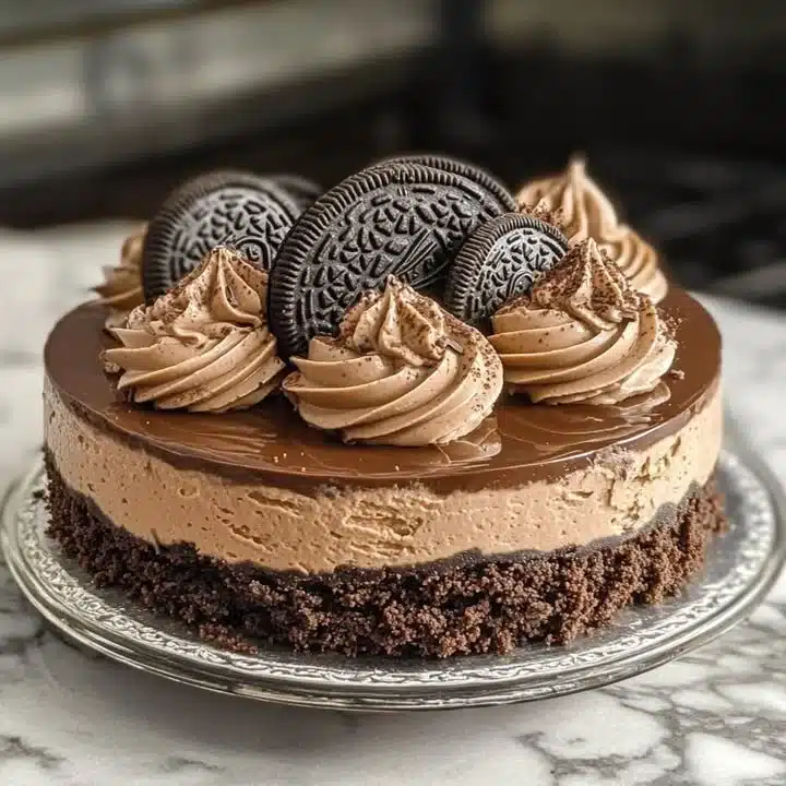 Delicious no-bake chocolate cheesecake topped with chocolate shavings