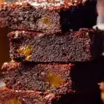 No bake vegan date brownies topped with chocolate and nuts.