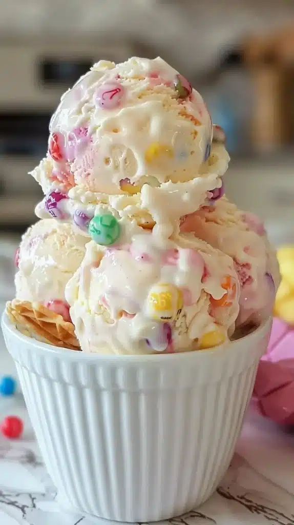 Bowl of No Churn Skittles Ice Cream with colorful candy toppings.