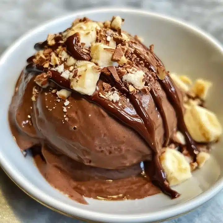 Delicious Nutella Banana Ice Cream topped with bananas and chocolate drizzle