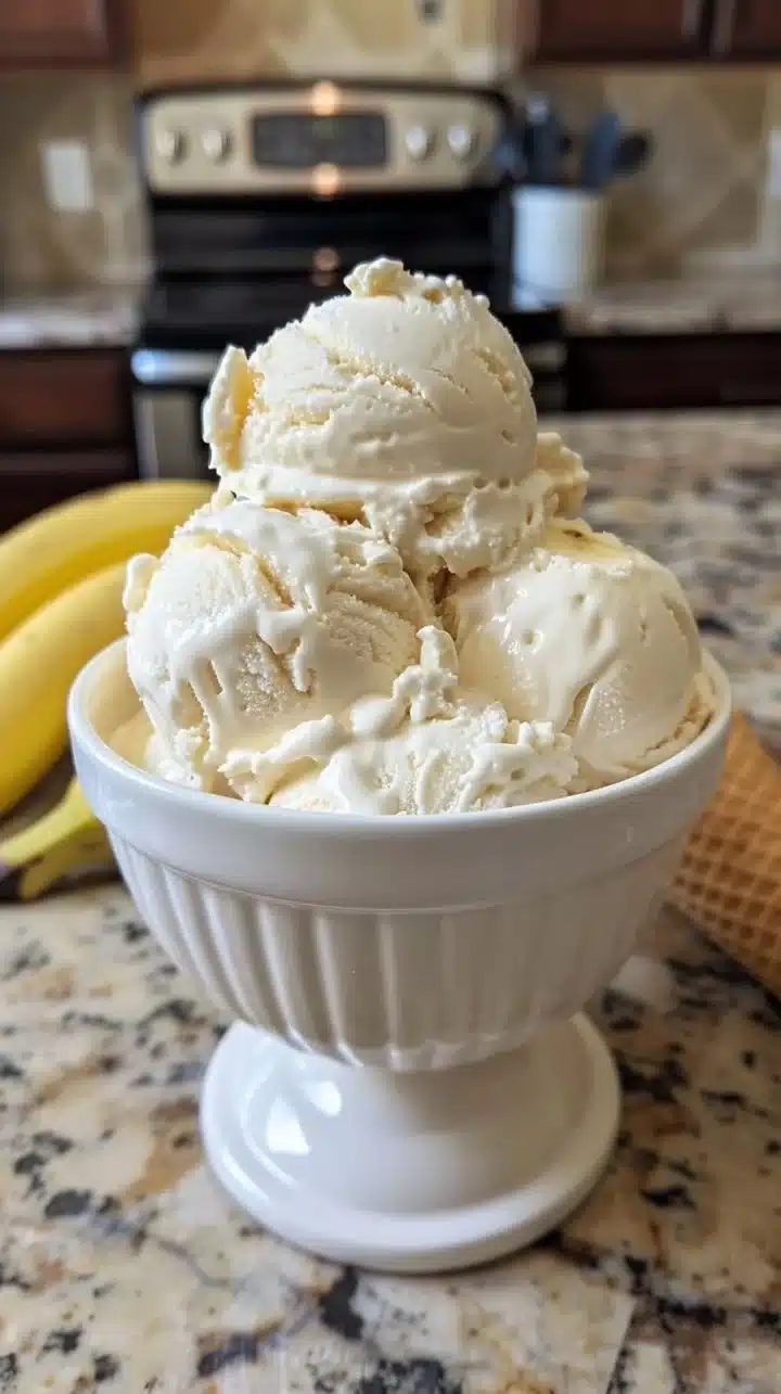 Bowl of old-fashioned homemade banana ice cream topped with fresh bananas and nuts.